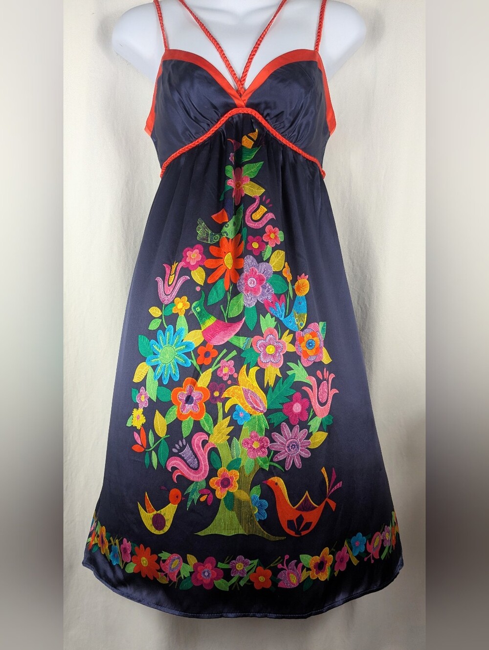 Voom by Joy Han Folk Art Boho Silk Vintage Empire Waist Dress - S